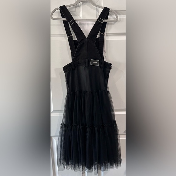 Women's Denim & Tulle Black Tiered Midi Dress Sz S Grunge Punk Gothic Overalls - Picture 2 of 12